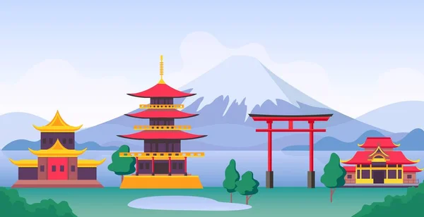 Japonská krajina s horami Fuji, památkami, chrámy a starou budovou. Japonská turistika cestovní scenérie s pagoda a brány vektorové scény — Stockový vektor