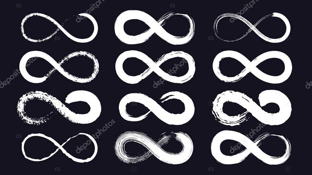 Infinity symbols or eternity loop drawn with grunge ink brush. Endless line stroke. Calligraphy infinite emblem. Moebius ribbon vector set