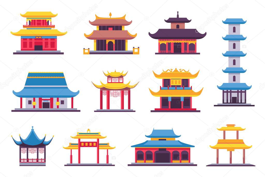 Flat chinese and japanese buildings, ancient temple, pagoda and shrine. Asian old architecture in traditional style. China houses vector set