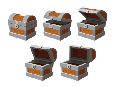 Göğüs animasyonu. Çizgi film boş hazine tabutu çerçeveleri açıyor. Kilitli kapalı antik sandık. Açık kapak vektör simgelerine sahip tahta oyun kutusu