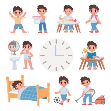 Çizgi film okulundaki çocuk için günlük rutin bir aktivite. Yakışıklı oğlanlarla günlük program. Uyku, yemek, oyun, ders çalışmak ve temizlik. Sağlık yaşam biçimi vektörü belirlendi