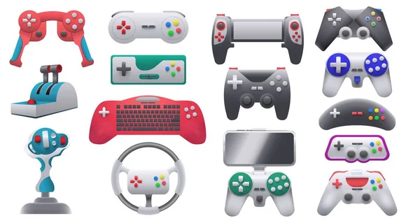 Consolas de videojuegos modernas y retro, gamepads y joysticks. Aparatos inalámbricos de control de juegos y volante. Juego de vectores de dispositivos Gamer — Archivo Imágenes Vectoriales