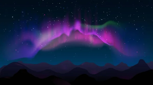 Abstract mountain night landscape with aurora borealis and stars. Northern colored lights in sky, polar natural glowing vector illustration — Stock Vector