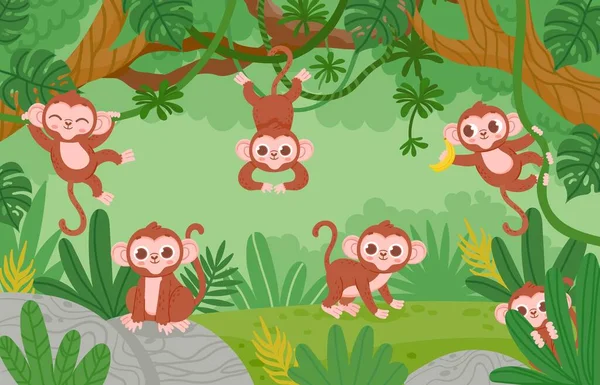 Macacos bonitos pendurados em lianas na floresta da selva. Desenhos animados personagens de macaco feliz jogar e saltar. Paisagem de vetor zoológico tropical infantil —  Vetores de Stock