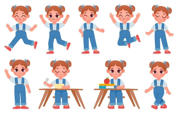 Desenhos animados criança menina personagem poses e expressões. A criança da escola senta-se à mesa com livros. Meninas bonitos andar, correr, saltar e comer conjunto de vetor —  Vetores de Stock