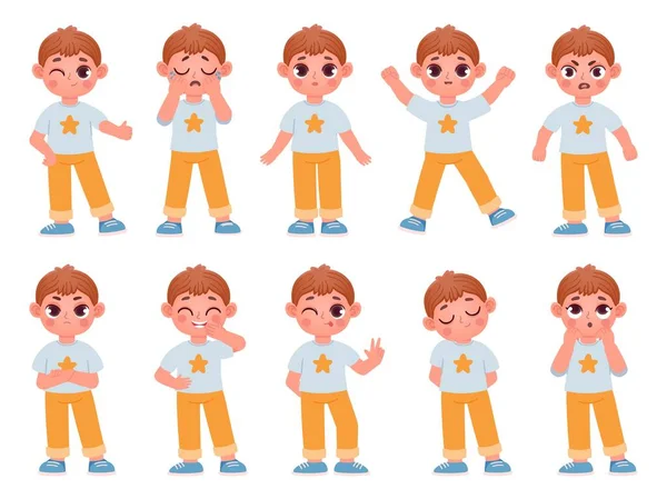 Dessin animé mignon enfant garçon personnages expressions et émotions. Petit enfant rire, sourire, pleurer et surprise. Angry, triste, heureux garçon pose vecteur ensemble — Image vectorielle