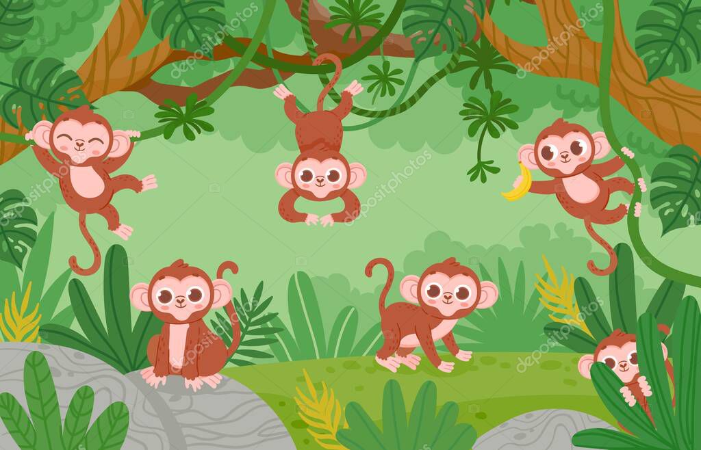 Lindos monos colgando de lianas en el bosque selvatico. Dibujos animados personajes de monos felices jugar y saltar. Zoologico tropical infantil vector paisaje Vector de stock por tartila.stock.gmail....