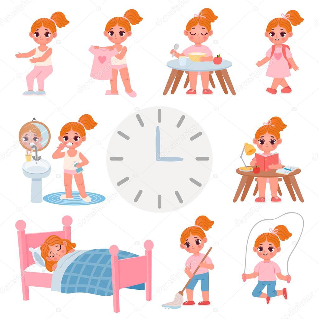 Cute little school girl day routine schedule. Cartoon kid activity, exercise, dress, brush teeth and chores. Vector daily graphic for child