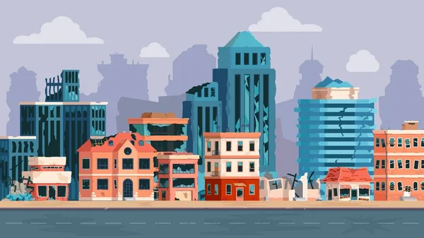 Мультфильм город с разрушенными зданиями после землетрясения, катастрофы или войны. Заброшенная поврежденная улица и разбитая дорога. Апокалиптическая векторная концепция — стоковый вектор