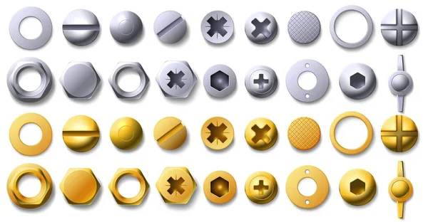 Βίδα από χρυσό και μέταλλο, πριτσίνι και μπουλόνι. Καρφιά 3d ορείχαλκου και χάλυβα, κουμπιά, εξάγωνα και παξιμάδια σε σχήμα κύκλου με νήμα διάνυσμα σύνολο — Διανυσματικό Αρχείο