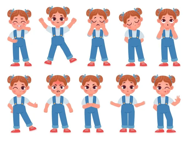 Dibujos animados linda niña cara emociones y expresiones. El personaje del niño se siente feliz, triste, enojado y sorpresa, llora, sonríe y ríe vector conjunto — Archivo Imágenes Vectoriales