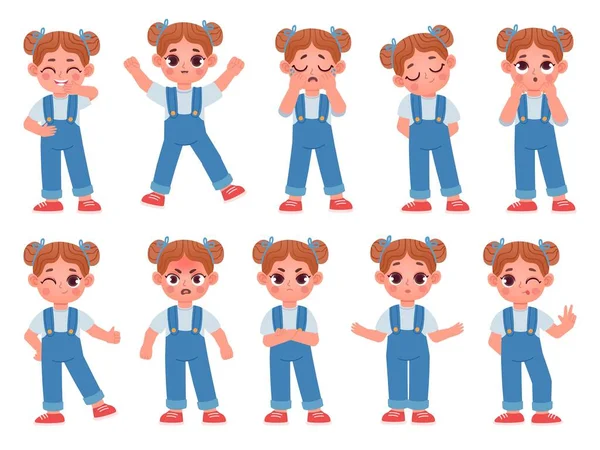 Dibujos animados linda niña cara emociones y expresiones. El personaje del niño se siente feliz, triste, enojado y sorpresa, llora, sonríe y ríe vector conjunto — Vector de stock