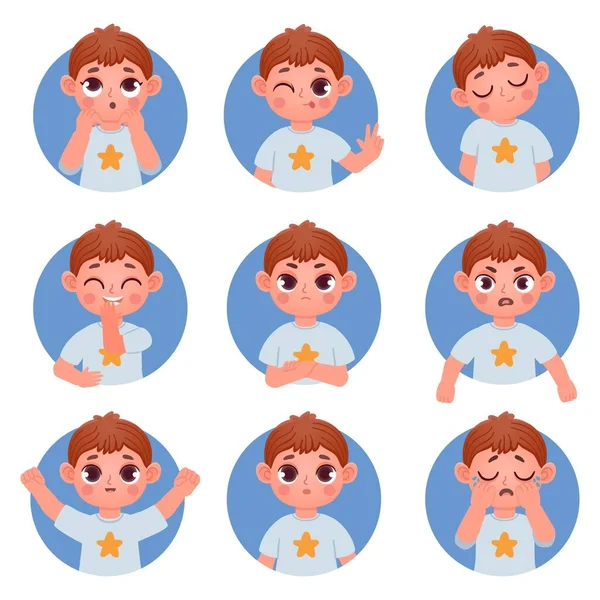 Rajzfilm kisfiú avatar arc érzelmek és érzések. Gyermek emoji zavarodott, dühös, nevet és sír. Fiú karakter arckifejezés vektor készlet — Stock Vector