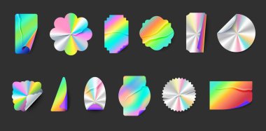 Buruşuk hologram etiketleri, kıvrımlı ve kabuklu. Kare, yuvarlak ve yıldız holografik metal mühür. Neon parlak folyo amblem vektörü ayarlandı