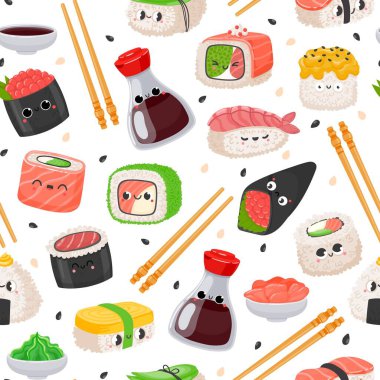 Çizgi film kawaii sushi emoji karakteri kusursuz desen. Tatlı Japon yemekleri, somonlu pirinç rulosu, onigiri, soya sosu. Sashimi vektör dokusu