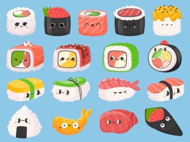 Çizgi film Japon suşisi, rulo ve kawaii yüzlü karides tempura. Somonlu şirin Asya yemeği nigiri. Onigiri komik karakter vektörü seti