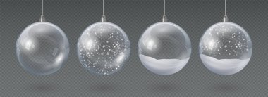 Gerçekçi cam asma Noel topları boş ve karlı. 3d xmas ağaç süslemesi, kar taneleri vektörü seti olan şeffaf kristal küre