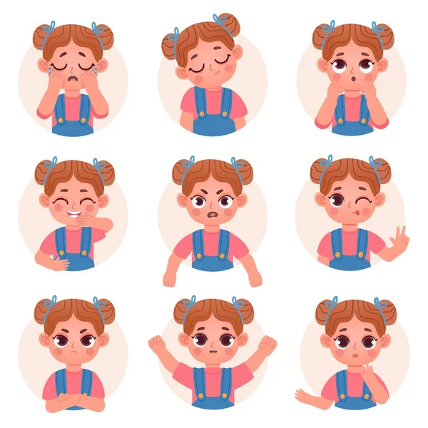 Nettes Kind Mädchen Avatar Gesichtsbewegungen und Gefühle. Kleines Kind Gesicht emoji mit wütend, traurig, glücklich, Schock und Frage Ausdruck Vektor-Set — Stockvektor