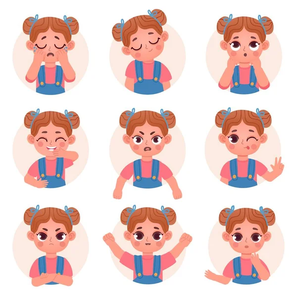 Cute child girl avatar facial emotions and feelings. Little kid face emoji with angry, sad, happy, shock and question expression vector set — Stock Vector