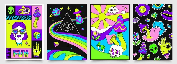 Carteles hippies retro psicodélicos con espacio, setas y arcoíris. 70s abstracto cubre con cráneo, ojos flotantes, loco labios vector conjunto — Vector de stock