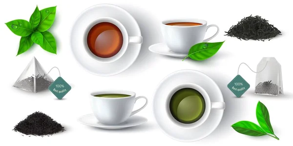 Tasse réaliste en 3D avec thé vert et noir, feuilles et sachet pyramidal. Tasses avec côté boisson chaude et vue sur le dessus. Ensemble vectoriel de piles de tisanes sèches — Image vectorielle