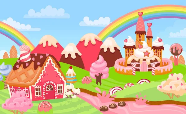 Dessin animé fantaisie bonbons paysage terrestre avec château doux. Royaume de conte de fées maisons de pain d'épice, les arbres de crème glacée et le lait rivière vecteur scène — Image vectorielle