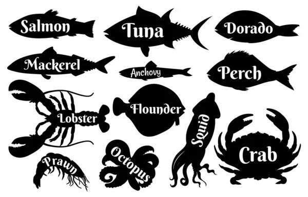 Siluet ikan dan makanan laut untuk logo vintage atau ikon label. Salmon laut, tuna, dorado dan lobster, udang dan cumi-cumi. Set vektor makanan laut - Stok Vektor