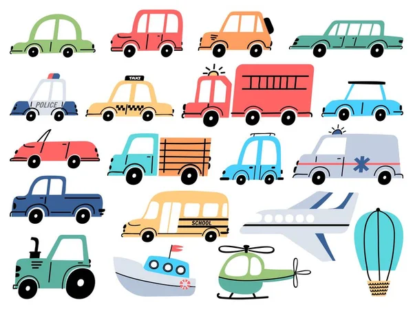 Dessin animé enfants jouets voitures police, ambulance, avion et bateau. Véhicules, camions, autobus et tracteurs. Transport plat dans un ensemble vectoriel de style bébé simple — Image vectorielle