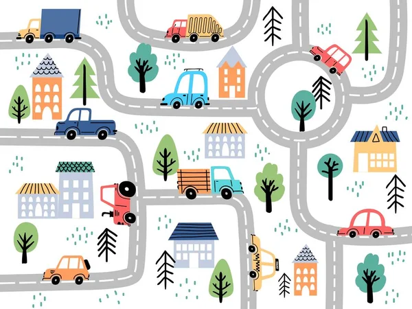 Mapa da cidade das crianças com estradas e carros para crianças decoração do berçário. Aldeia ou cidade labirinto de rua para tapete. Cartoon tabuleiro jogo vetor fundo —  Vetores de Stock