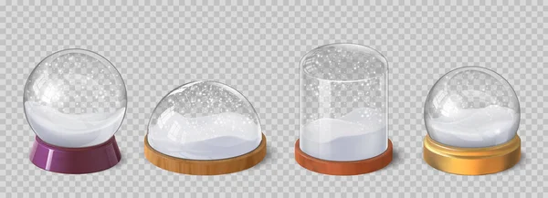 Realisztikus karácsonyi hógömbök és üvegkupolák hópelyhekkel. Téli ünnep dekoratív szuvenír havas kristálygömb. Hógömb-vektor készlet — Stock Vector