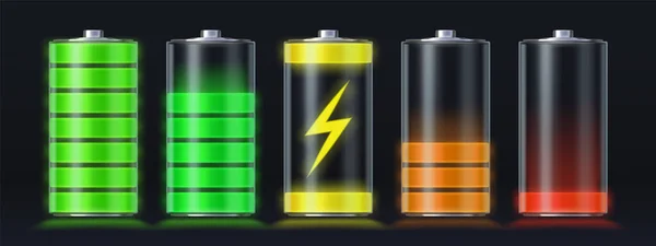 Carica della batteria realistica scarica a pieno livello energetico. Accumulatore di smartphone luminoso icona di carico con fulmine. Set vettore indicatore di carica — Vettoriale Stock