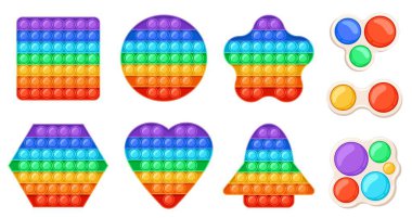 Rahatlatıcı, modaya uygun oyuncaklar patlar ve basit gamzeler. Çocuklar için çizgi film duyusal balon patlatma oyuncağı. Gökkuşağı anti-stres oyunu vektör kümesini şekillendirir