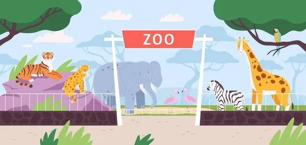 Parque zoológico de dibujos animados puerta de entrada con sabana y animales de la selva. Paisaje safari plano con cebra, elefante africano y escena vectorial de jirafa — Archivo Imágenes Vectoriales
