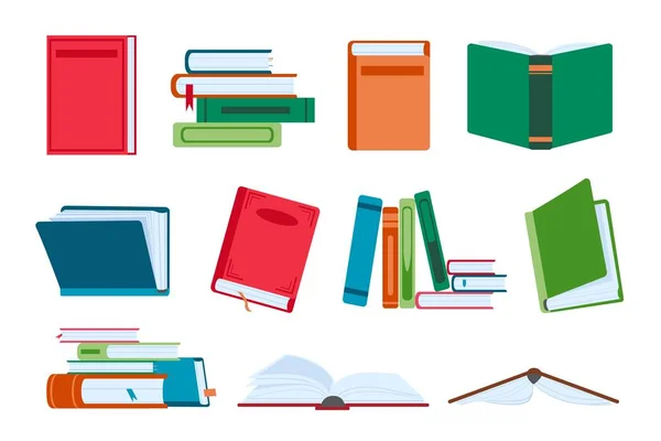 Επίπεδα ανοιχτά και κλειστά βιβλία, στοίβες βιβλιοθηκών και στοίβες. Νέο βιβλίο με σελιδοδείκτη. Βιβλία για την ανάγνωση και την εκπαίδευση. Σύνολο διανύσματος λογοτεχνίας — Διανυσματικό Αρχείο
