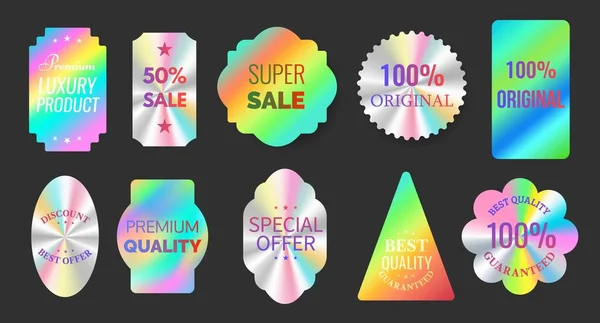 Hoogwaardige hologram folie sticker etiketten voor originele producten. Geometrische zegel voor officiële certificering, garantie en verkoop emblemen vector set — Stockvector