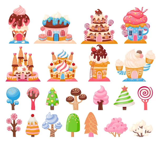糖果地巧克力饼干屋和焦糖树。幻想城市与蛋糕城堡。甜蜜的游戏棒棒糖和纸杯蛋糕元素向量集 — 图库矢量图片