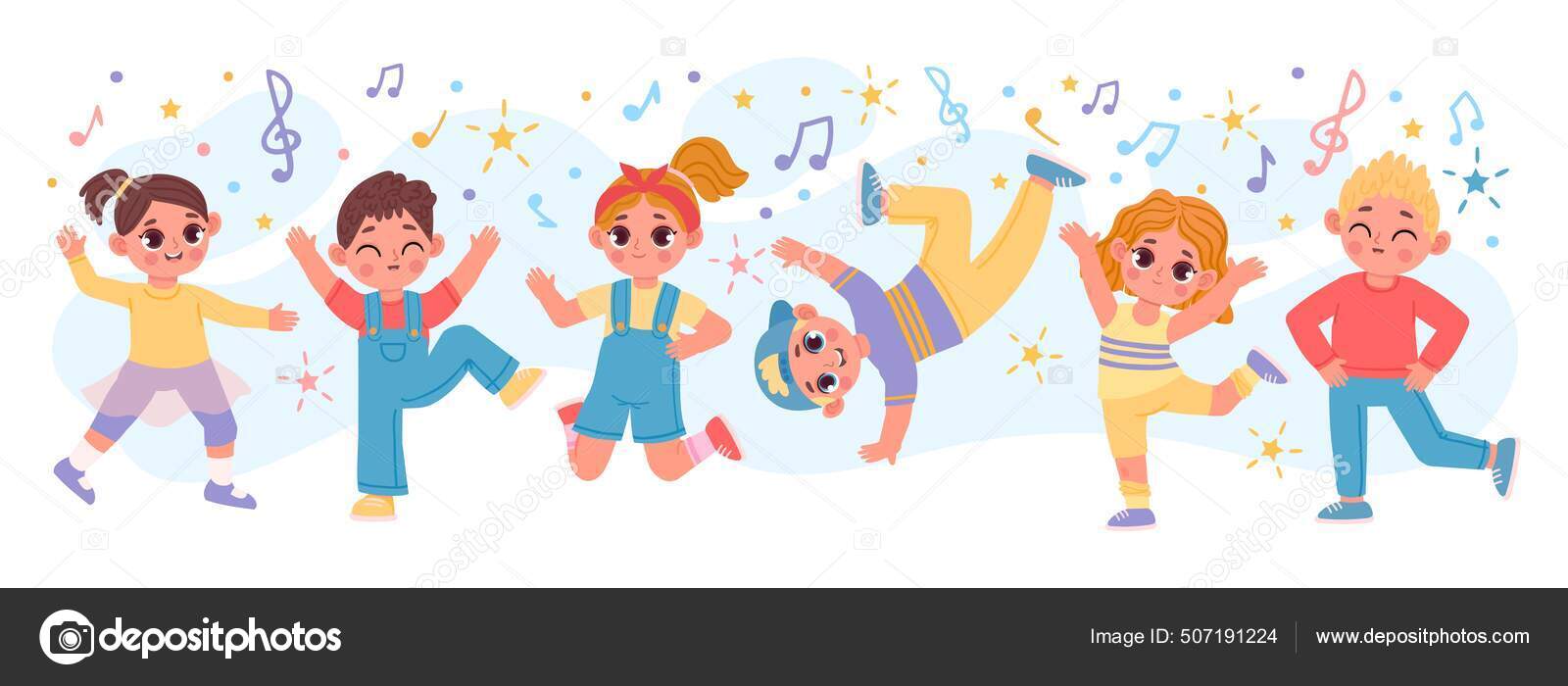 Feliz grupo de niños de dibujos animados bailando y saltando juntos.  Divertidos amigos activos juegan. Personajes de jardín de infantes en  banner de vectores de fiesta de baile Vector de stock #507191224, image size:1600x700