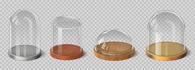 Tahta, gümüş ve altın tepsili gerçekçi 3 boyutlu cam kubbeler. Kristal çan, silindir ve yarıküresel sergi kutusu taşıyıcı vektörü