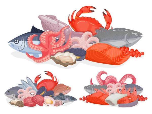 Cartoon seafood products design for menu, shop poster or package. Pile with ocean fish, lobster, oysters and crab. Marine food vector set — Stock Vector