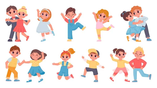 Lindos niños de dibujos animados niños y niñas bailando en parejas. Niños del jardín de infantes bailan vals, saltan y se divierten. Feliz niño caracteres vector conjunto — Vector de stock