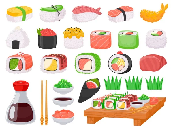 Sushi de comida japonesa, onigiri, sashimi de salmón y salsas. Dibujos animados tempura camarones, palillos asiáticos, salsa de soja, wasabi y jengibre vector conjunto — Archivo Imágenes Vectoriales