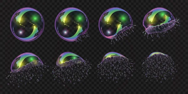 Sequenza di animazione esplosione bolla di sapone realistica. Sfera di schiuma d'acqua 3d con texture riflettente. Bolla esplodere movimento vettoriale fotogrammi — Vettoriale Stock