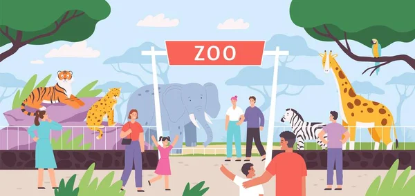 Puertas de entrada de zoológico plano con familia visitante y niños. Parque de safari de dibujos animados con personas y animales de sabana africana en jaulas vector paisaje — Archivo Imágenes Vectoriales
