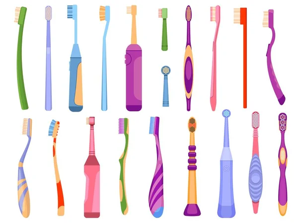 Cartoon elétrico e manual ferramentas de higiene dental escovas de dentes. Produtos para cuidados orais e saúde dos dentes. Conjunto de vetor de escova de dentes de limpeza bucal — Vetor de Stock