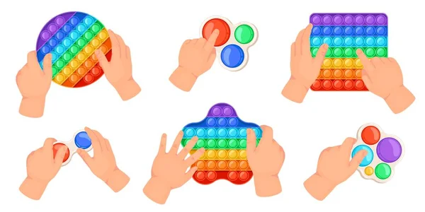 Las manos de los niños lo sujetan, jugando con juguetes inquietos. Niños haciendo burbujas sensoriales de juego. Antiestrés simple hoyuelo arco iris juguetes vector conjunto — Vector de stock