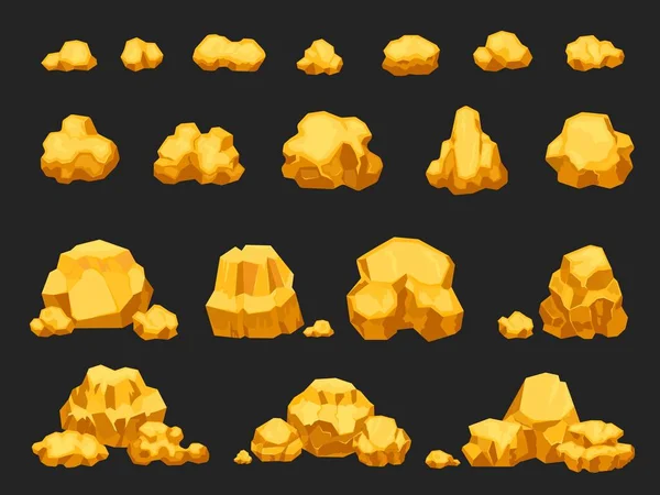 Desenhos animados nuggets mina de ouro, pedras, pedras e pilhas. Natural brilhante rocha dourada sólida heap. Jewel nugget ícones para mineiro conjunto vetor jogo —  Vetores de Stock