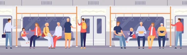 Folla di passeggeri all'interno del treno della metropolitana o autobus della città. Cartoni animati persone in piedi e seduti nei trasporti pubblici. Viaggiare in metropolitana concetto di vettore auto — Vettoriale Stock