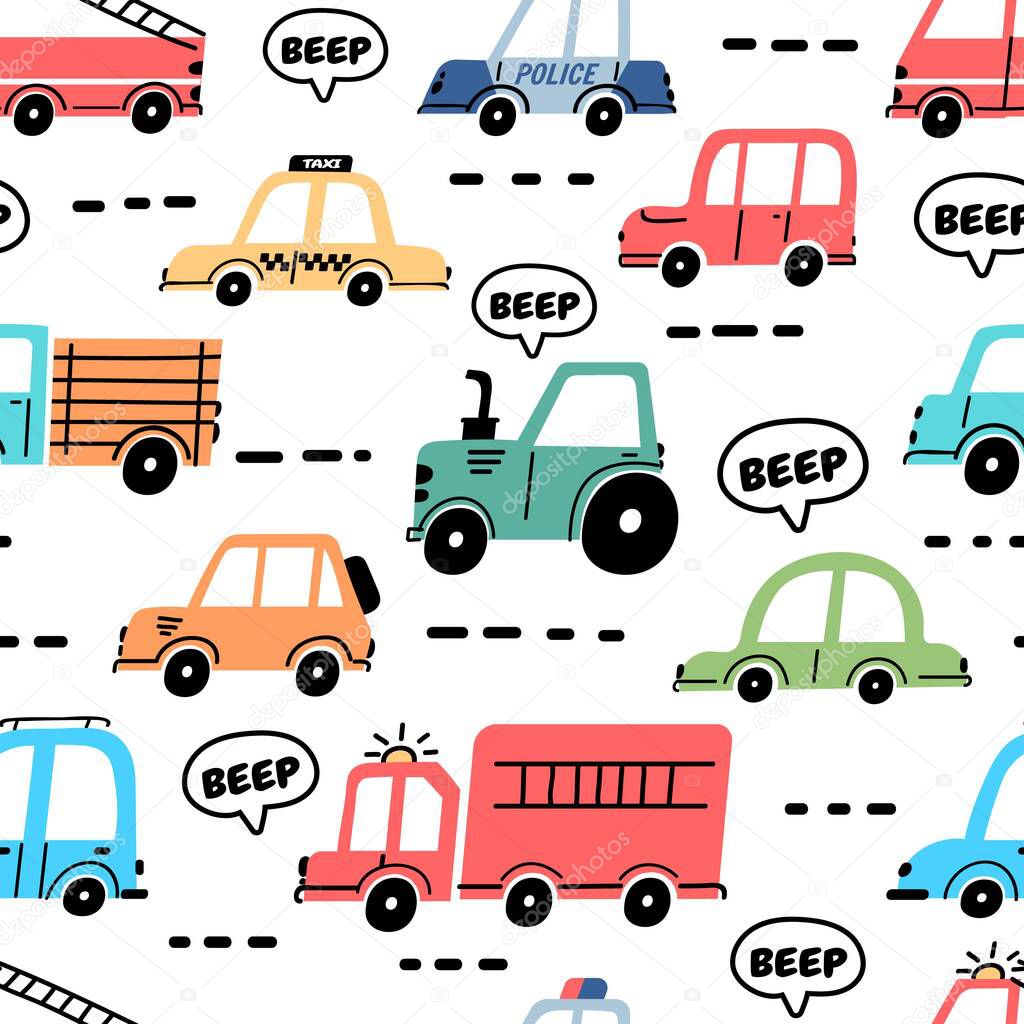 Cartoon cars seamless pattern with truck, police and fire engine. Baby toy transport on road wallpaper for nursery. Car traffic vector print