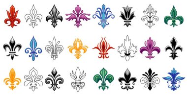 Heraldik zambak. Fleur de lis siyah renkli ve çizgi simgeleri, Fransız antika amblem logosu, geleneksel arma çiçeği desenli arma. Vektör izole edildi.