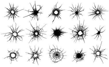 Kırık cam çatlak vektör desenli kurşun deliği, kırılmış pencere ya da ayna grunge vintage tasarımı. Soyut tehlike ya da suç etkisi, vandalizm sanatı, keskin çizgilerle yıkım dokusu ve hasar.